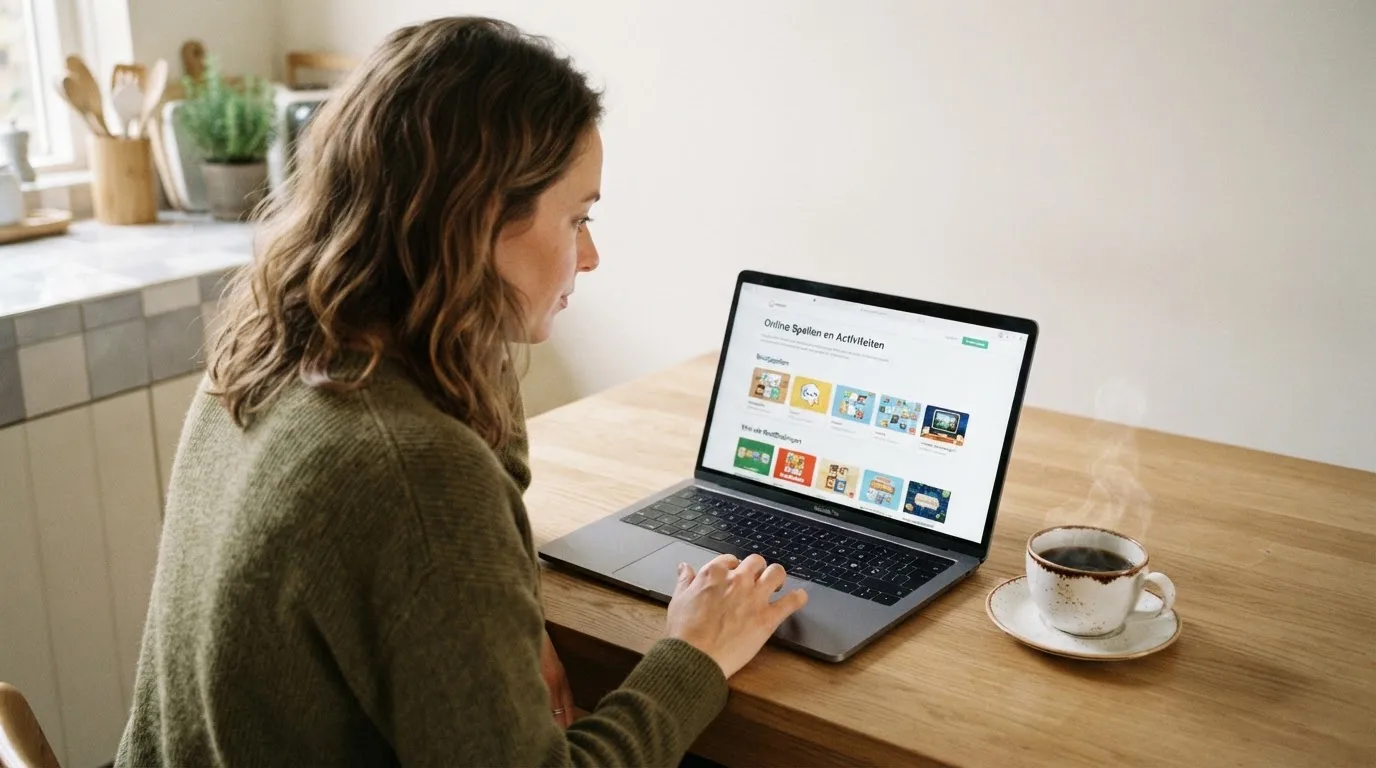 Een vrouw bekijkt rustig op haar laptop de opties voor online spelen aan de keukentafel, met een kopje koffie ernaast.