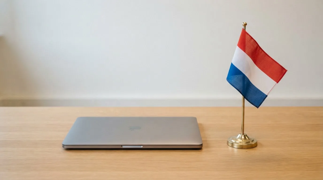 Een bureau met een Nederlandse vlag op een standaard naast een gesloten laptop, symbool voor regelgeving en toezicht op kansspelen.