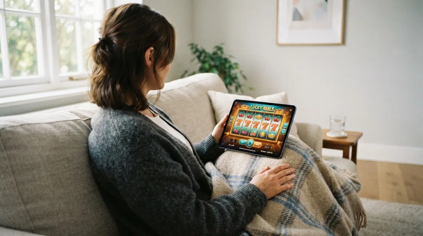 Iemand bekijkt ontspannen een tablet op de bank in een lichte woonkamer, met een plaid over de knieën.