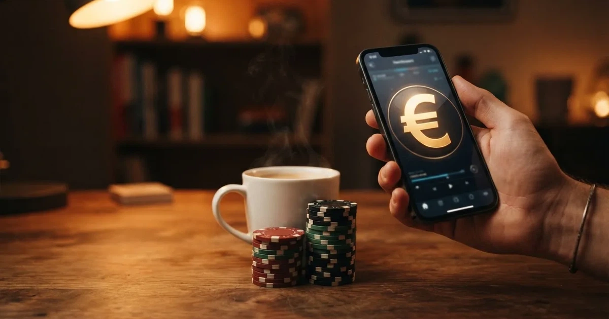 Een hand houdt een smartphone vast met een wazig bankapp-scherm, boven een houten bureau met een kop koffie.