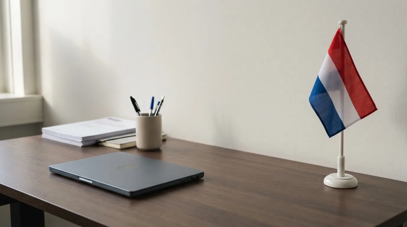 Een kantoorbureau met een Nederlandse vlag op een voetstuk naast een dichte laptop.