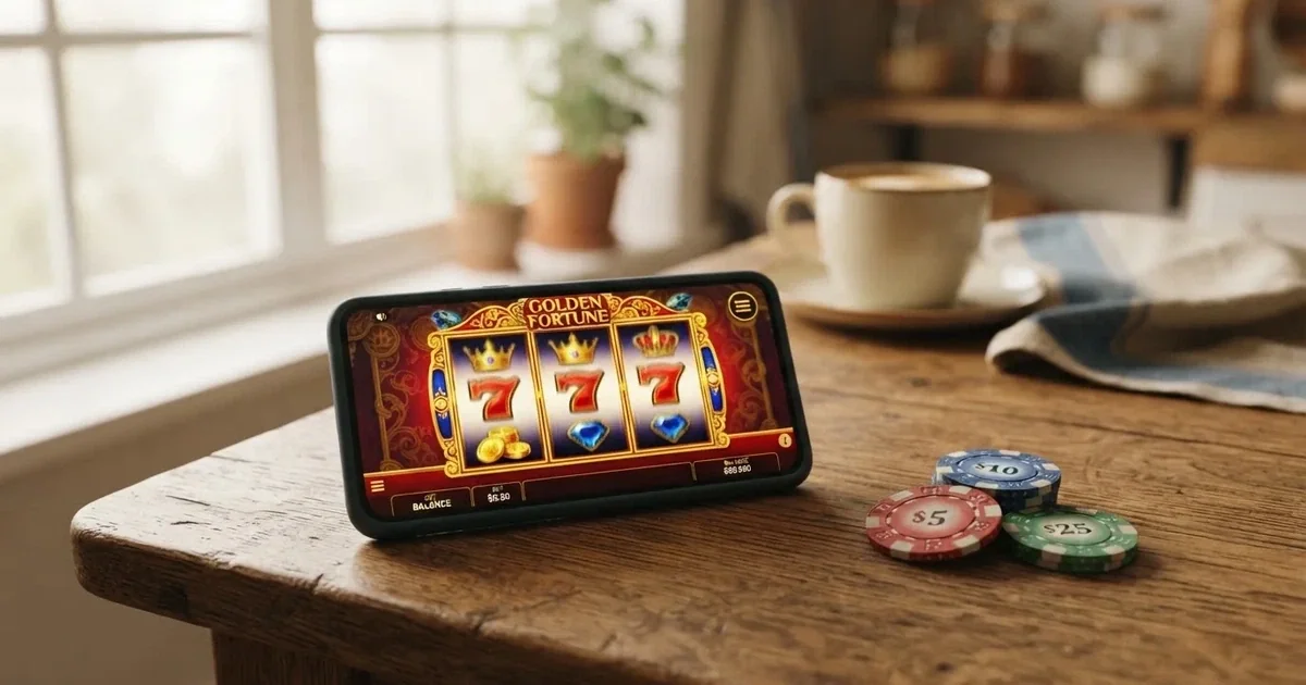 Iemand telt rustig wat muntgeld op een houten tafel naast een smartphone, in een lichte keuken.