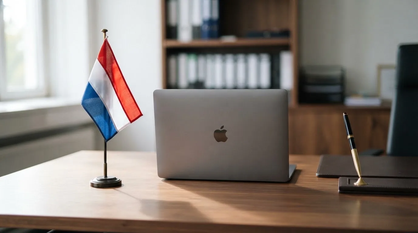 Een kantoorbureau met een Nederlandse vlag op een voetstuk naast een gesloten laptop.