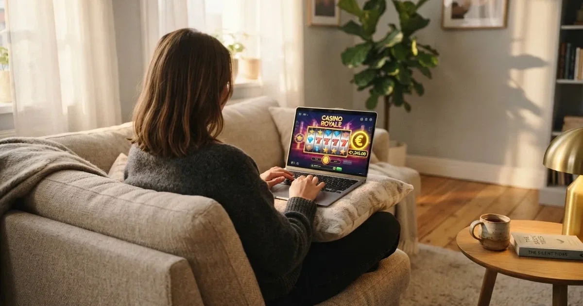 Een persoon zit ontspannen op een bank met een laptop en bekijkt casinospellen in een lichte huiskamer.