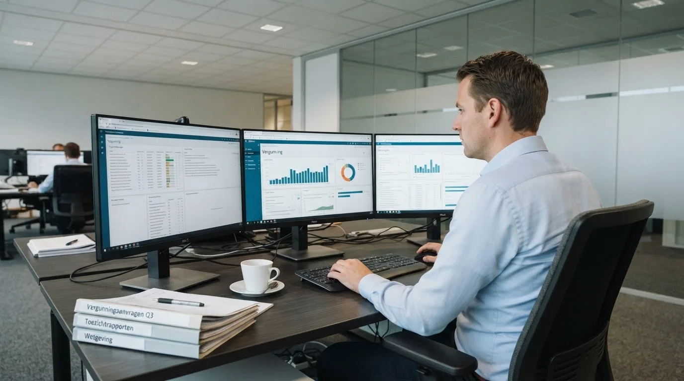 Een medewerker van een toezichthoudende instantie werkt achter een bureau met meerdere monitoren in een professioneel kantoor.