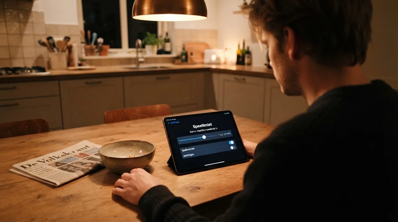 Een persoon bekijkt rustig instellingen voor speellimieten op een tablet aan een keukentafel in de avond.