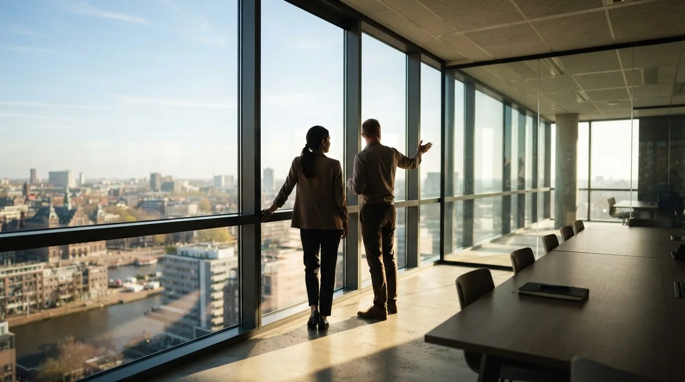 Twee collega's overleggen staand bij een raam in een modern kantoor tijdens een zonnige ochtend.
