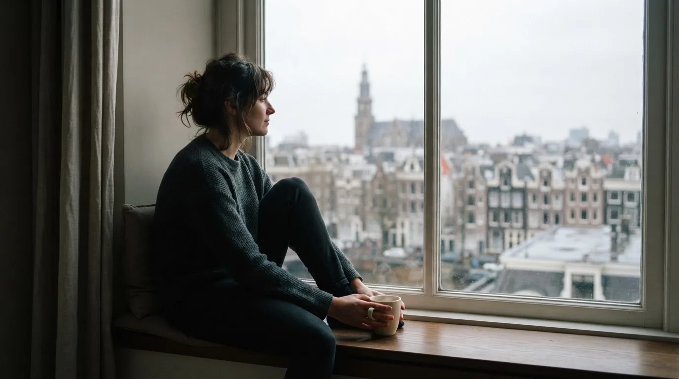 Een persoon kijkt rustig uit het raam met een kop koffie op de vensterbank.