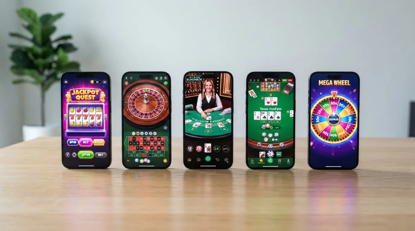 Een rij smartphones naast elkaar op een tafel, elk met een ander scherm verlicht.