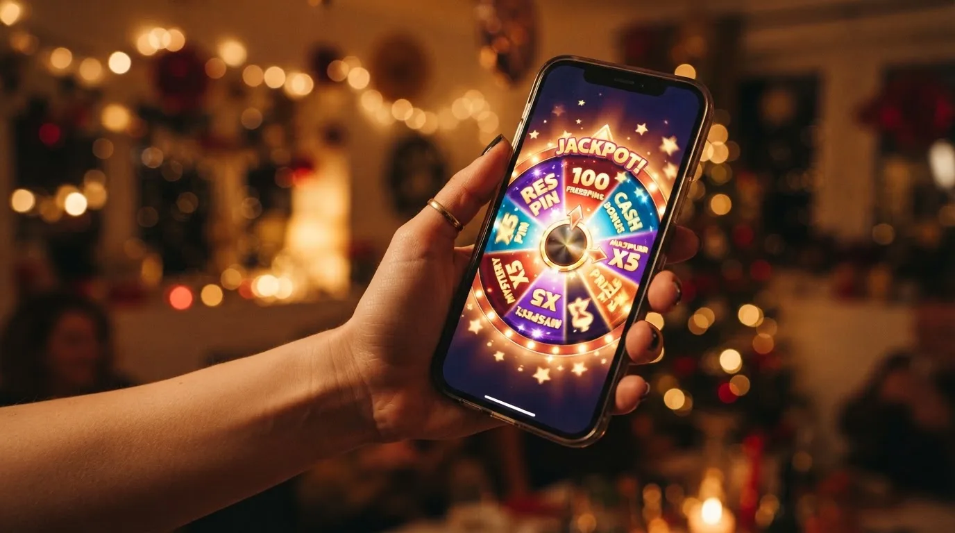 Kleurrijke lichtjes op de achtergrond terwijl iemand een smartphone vasthoudt in een feestelijke sfeer.